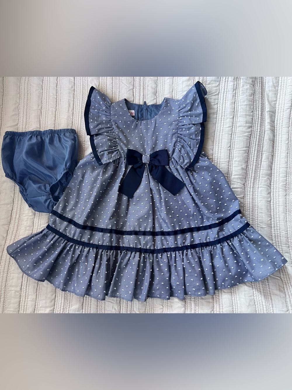 Bonnie Baby Light Blue Dot Dress with Navy Trim